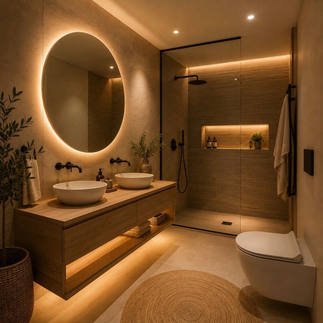 Baño con iluminación cálida, espejo redondo retroiluminado y LED indirecto